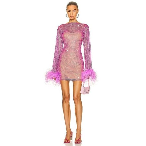 Santa Brands for FWRD Feathers Mini Dress Pink Rhinestones - Picture 2 of 7